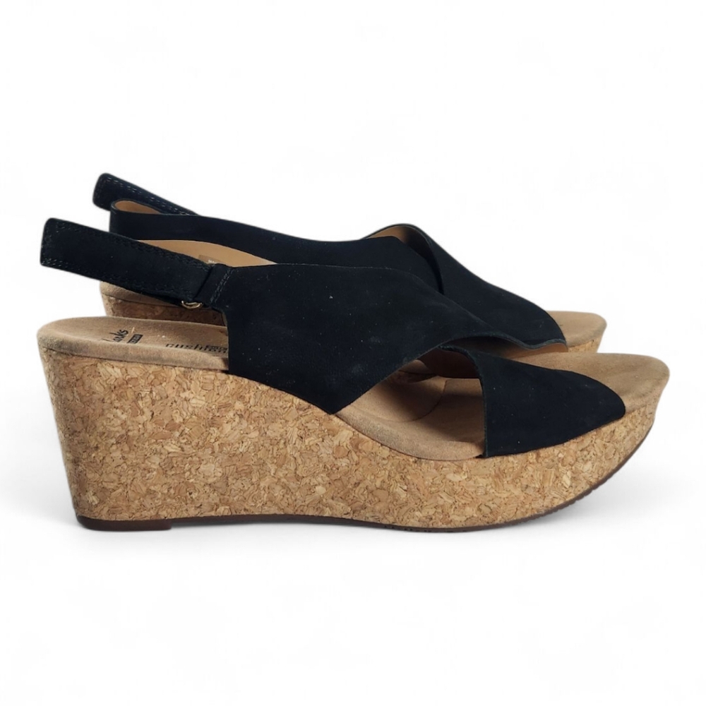 Clarks Annadel Eirwyn Wedge Sandal Size 11 Black Nubuck Leather Cork Platform